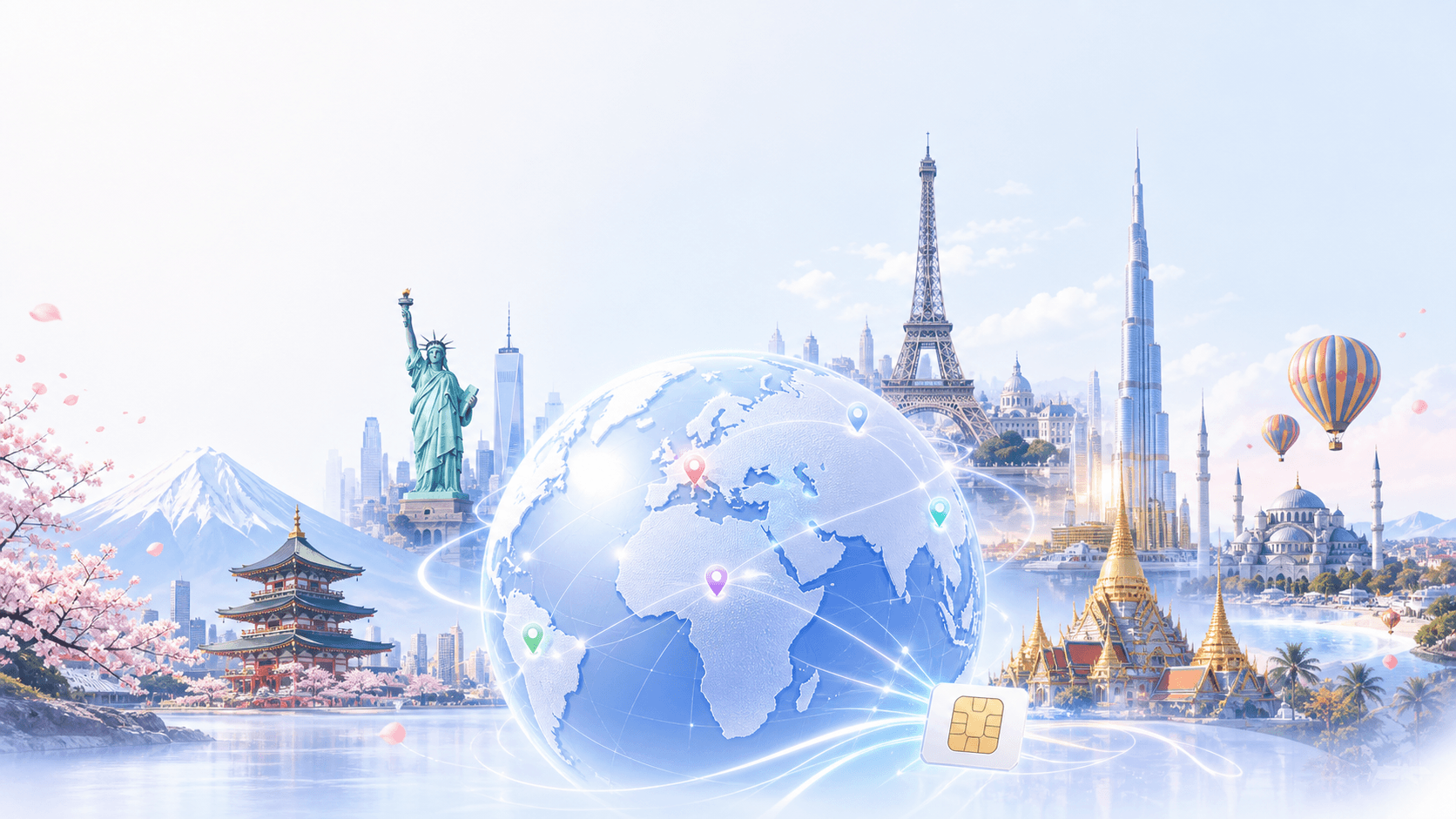 Global eSIM destinations represented by a connected globe and international landmarks