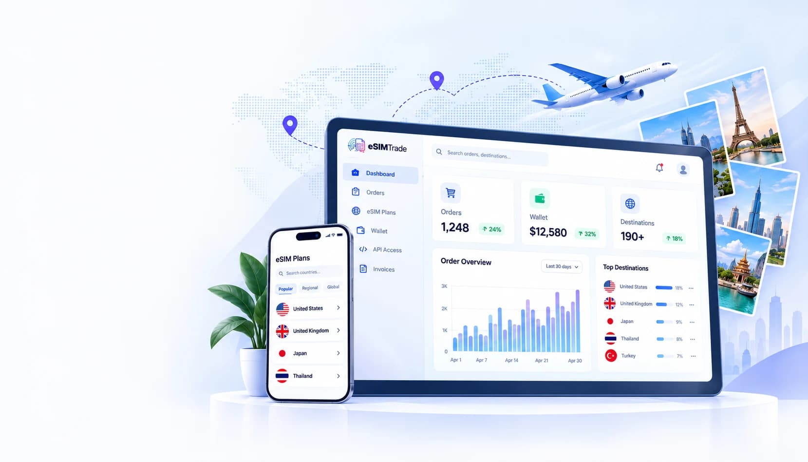 Illustration of the eSIMTrade dashboard and mobile plan catalogue with global travel destinations